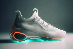 uma futurista Esportes sapato em uma luz fundo criada com generativo ai tecnologia. foto