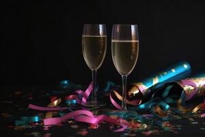 champanhe óculos e colorida serpentinas e brilhar confete em uma feliz Novo ano fundo criada com generativo ai tecnologia. foto