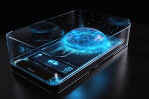 Smartphone com uma holográfico exibição criada com generativo ai tecnologia. foto