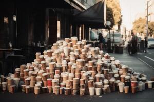 uma enorme pilha do descartável café copos dentro frente do uma cafeteria criada com generativo ai tecnologia. foto