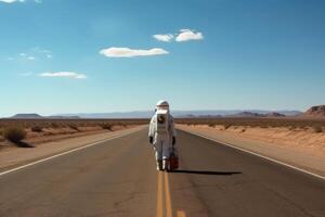 uma pedindo carona astronauta em uma solitário estrada criada com generativo ai tecnologia. foto