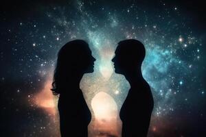 homem e mulher astral silhuetas conceito às cósmico fundo criada com generativo ai tecnologia. foto