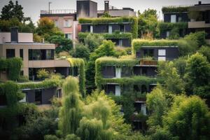 moderno urbano conceito com muitos verde plantas em e por aí casas criada com generativo ai tecnologia. foto