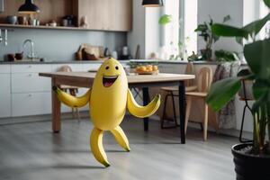 uma sorridente banana com braço e pernas corrida em uma cozinha mesa criada com generativo ai tecnologia. foto