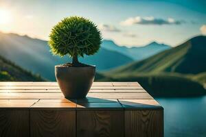 plantar dentro uma Panela em uma de madeira mesa contra a fundo do montanhas ai gerar foto