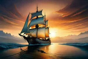 Navegando navio dentro a mar às pôr do sol ai gerar foto