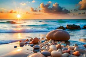 lindo marinha com pedras em a de praia às pôr do sol ai gerar foto