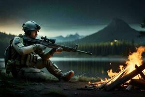 homem com rifle sentado perto a fogueira dentro a floresta às noite ai gerar foto