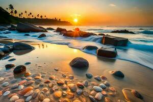 tropical de praia com pedras e areia às pôr do sol. natureza fundo ai gerar foto