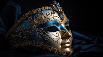 elegante e delicado veneziano mascarar sobre azul Sombrio fundo, generativo ai foto