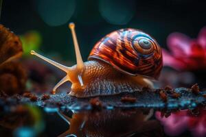 uma lento uva Caracol rasteja dentro a floresta. bokeh dentro a fundo. generativo ai foto