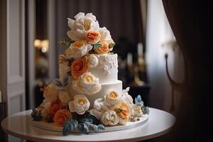 a ornamentado Casamento bolo com flores e bagas dentro moderno interior. generativo ai foto