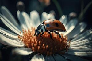 a joaninha senta em uma flor. macro tomada, fechar acima. generativo ai foto