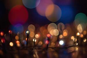festivo fundo festão bokeh. colorida corda luzes em uma Sombrio fundo. generativo ai foto