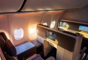 moderno avião interiores, luxo primeiro classe e o negócio classe assentos com entretenimento área foto