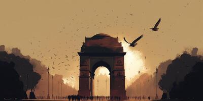 ilustração do Índia portão dentro Novo Délhi em abstrato bandeira tricolor fundo. ai gerado. foto