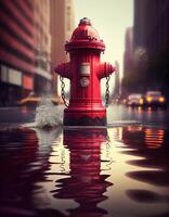 vermelho fogo Hidrante dentro a inundado rua, criada com generativo ai foto