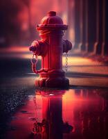 vermelho fogo Hidrante dentro a inundado rua, criada com generativo ai foto