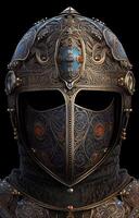 frente Visão do medieval cavaleiro capacete, isolado em Preto fundo, criada com generativo ai foto