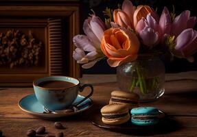 café com doces é em a mesa. manhã café da manhã. ai gerado foto