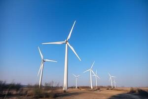 ai gerado energia salvando moinhos de vento, turbin às natureza, mar, montanhas, Campos foto