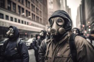 ai gerado nuclear inverno depois de atômico bombear soprar. natureza mundo desastre. homem dentro gás mascarar. risco biológico. criança Sofra foto