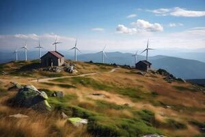 ai gerado energia salvando moinhos de vento, turbin às natureza, mar, montanhas, Campos foto