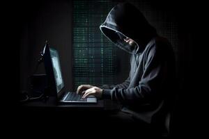 ai gerado Internet hacker sentado às pessoal computador computador portátil tábua foto