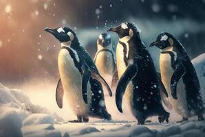 pinguins jogando dentro a neve. generativo ai foto