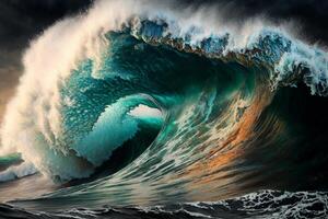 borbulhante Sombrio verde quebra onda em mar dentro verão, criada com generativo ai foto