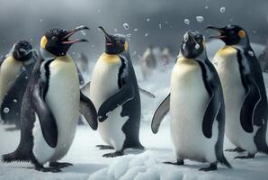 pinguins jogando dentro a neve. generativo ai foto