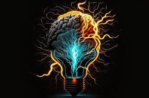 lâmpada e humano cérebro com dentro uma lâmpada é uma luminoso humano cérebro contra uma Sombrio fundo. generativo ai foto