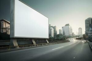 futurista cidade Painel publicitário crio uma em branco tela de pintura para seu Próximo publicidade campanha foto