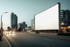 futurista cidade Painel publicitário crio uma em branco tela de pintura para seu Próximo publicidade campanha foto