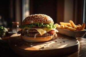 delicioso hamburguer em a mesa ai gerar foto