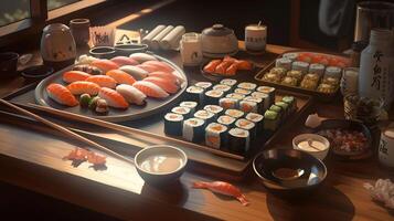 mesa cheio do Sushi e pauzinhos ai gerado foto