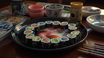 mesa cheio do Sushi e pauzinhos ai gerado foto
