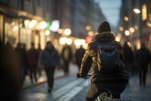 foto do uma pessoa equitação uma bicicleta dentro a cidade multidão debaixo a luzes às noite dentro a cidade, e entre a multidões do pessoas. generativo ai.