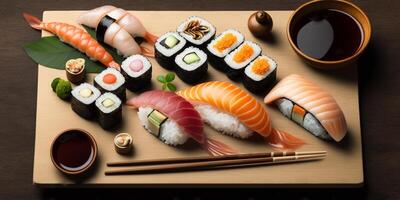 a japonês Sushi conjunto em a madeira prato com ai gerado. foto