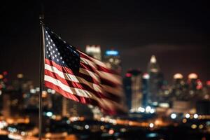 foto do americano bandeira dentro frente do bokeh efeito do paisagem urbana dentro fundo. generativo ai