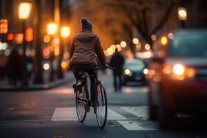 foto do uma pessoa equitação uma bicicleta dentro a cidade multidão debaixo a luzes às noite dentro a cidade, e entre a multidões do pessoas. generativo ai.