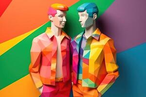 gay homens abraçando cada outro, ilustração dentro papel arte estilo para orgulho mês. generativo ai foto