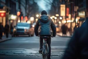 foto do uma pessoa equitação uma bicicleta dentro a cidade multidão debaixo a luzes às noite dentro a cidade, e entre a multidões do pessoas. generativo ai.