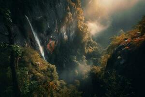 cascata dentro a floresta com luz exposição ai gerar foto