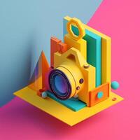 Câmera e geométrico objetos dentro tendendo cor paleta para publicidade com generativo ai foto