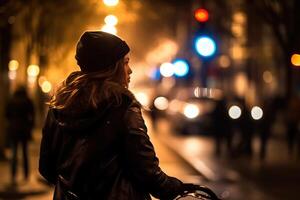 foto do uma pessoa equitação uma bicicleta dentro a cidade multidão debaixo a luzes às noite dentro a cidade, e entre a multidões do pessoas. generativo ai.