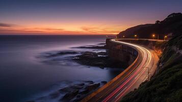 pôr do sol sobre a mar penhasco ponte ao longo pacífico oceano costa com luzes do passagem carros perto sydney. generativo ai foto