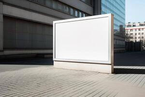 ai generativo uma em branco branco Painel publicitário brincar em uma calçada dentro uma cidade foto