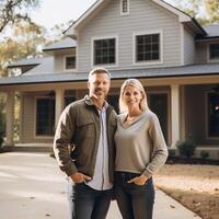 ai generativo retrato do feliz maduro casal em pé dentro frente do seus Novo casa foto