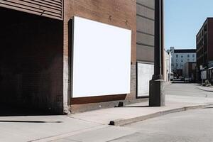 ai generativo uma em branco branco Painel publicitário brincar em uma calçada dentro uma cidade foto